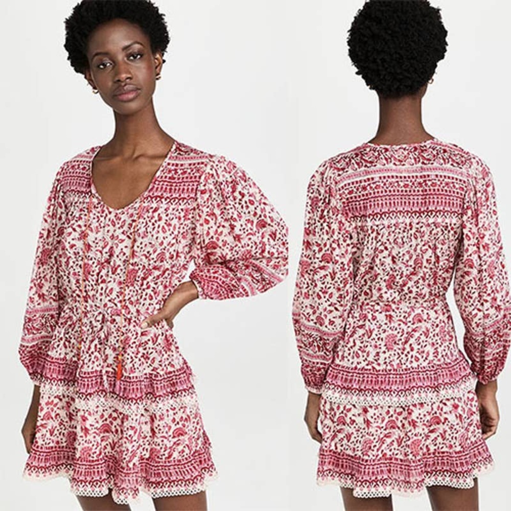 Alicia Bell Floral Beaded Tassel Tie VNeck Ruffle Ari Mini Dress Red Small
